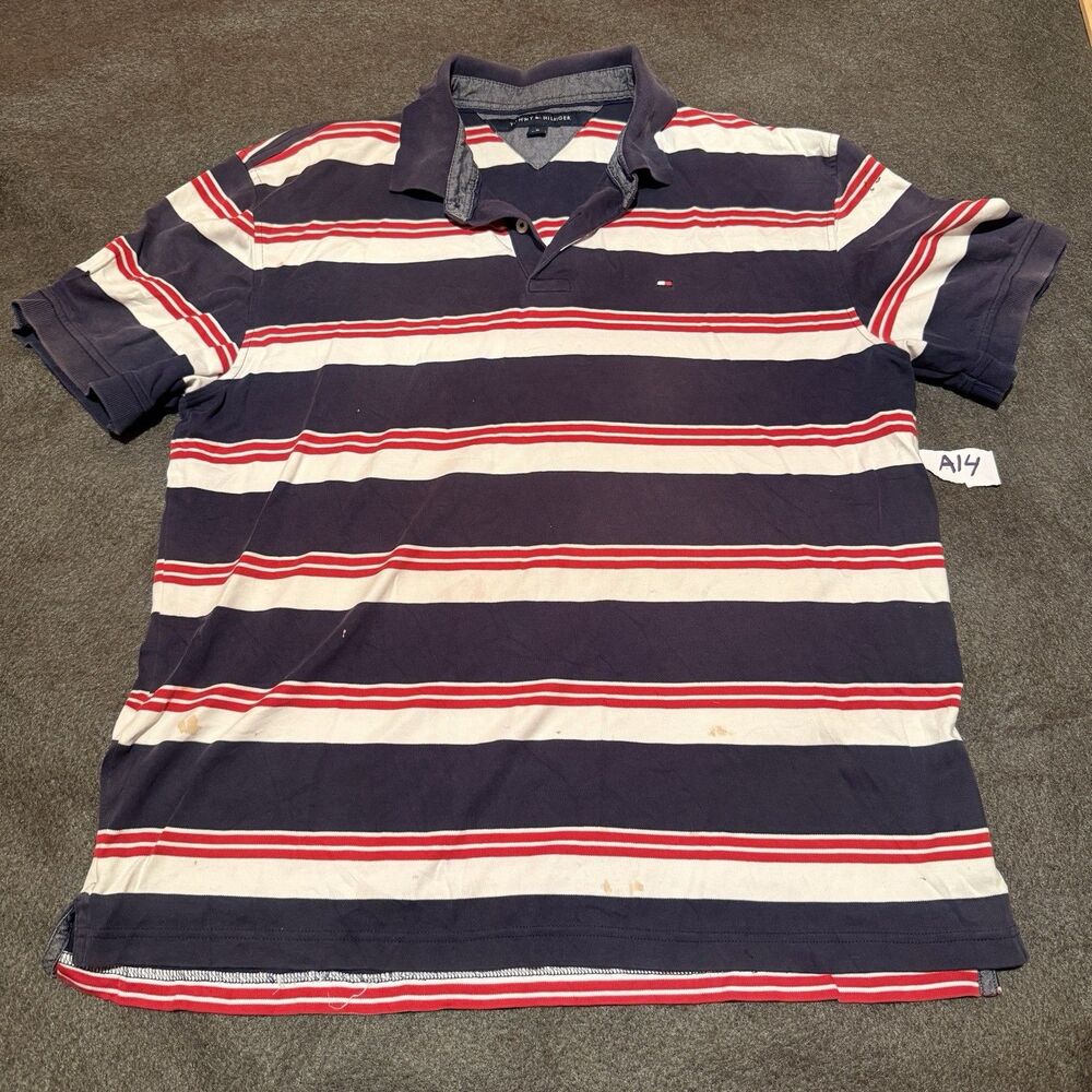 Tommy Hilfiger Mens Polo Shirt XL Extra Large Black Red White Striped